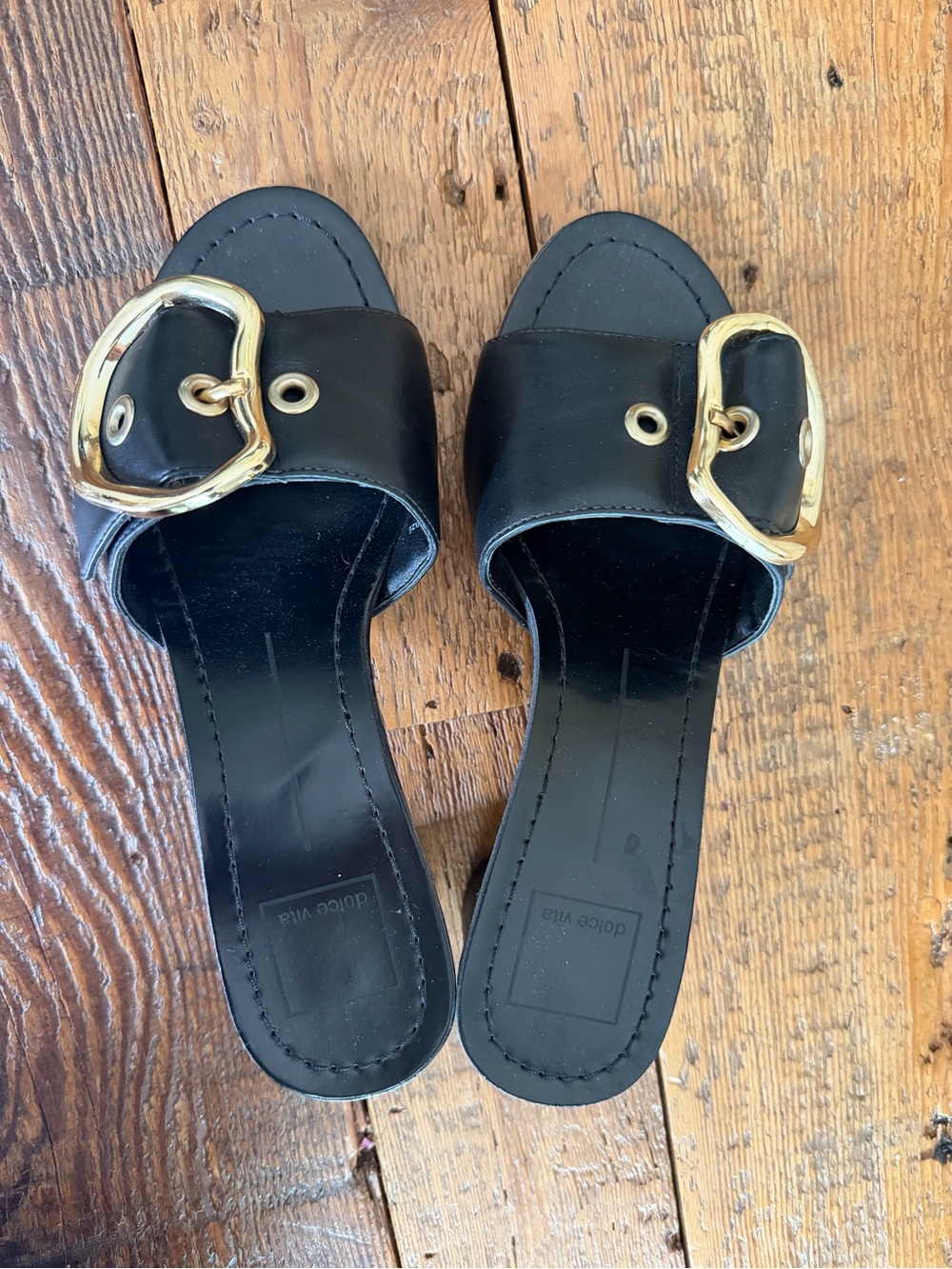 Dolce Vita Black Slide Mules with Gold Heart Buckles